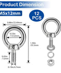 12 Pack M5 Stainless Steel Eye Bolts With Nuts And Washers 12mm Thread Length Lifting Ring Eyebolts for hanging items.