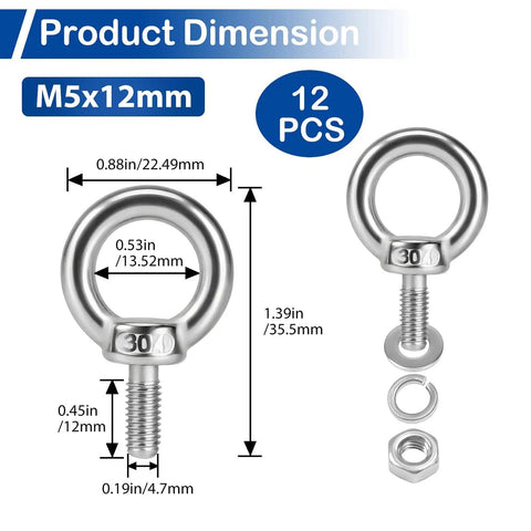 12 Pack M5 Stainless Steel Eye Bolts With Nuts And Washers 12mm Thread Length Lifting Ring Eyebolts for hanging items.