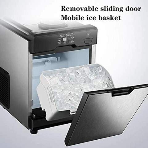 Top Tier Counter Top Ice Maker Delivers Sixty One Pounds Daily Lightning Fast Five Minute Cycle with removable ice basket and sliding door.