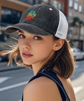 Person wearing Men's Vintage Trucker Cap With Adjustable Buckle One Size Fits Most, casual street background