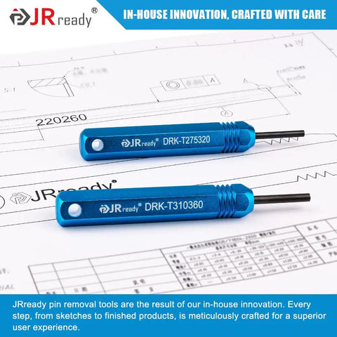 Pro Grade Pin Extractor Tool Kit For JST AMP and Molex Connectors.062 and.093 inch, two blue pin extractors on a diagram