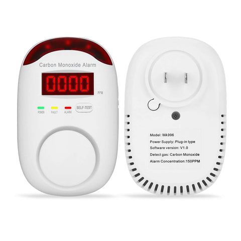 Front and back view of Plug In Carbon Monoxide Detector With Digital LED Display Real Time CO Monitor Alarm With Sound And Light Alerts For Home Apartment Or Hotel Accurate Electrochemical Sensor Easy Install White