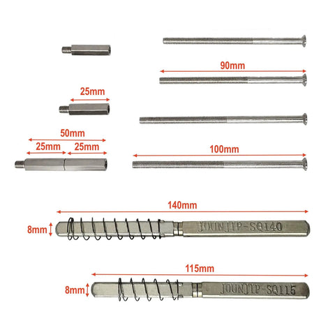 Kickass Square Spindle Extension Kit For Hella Thick Custom Doors And Steel Gates Making Lock Installation A Breeze On Mechanical Keyless Entry Hardware Sets, various metal spindles, lengths 25mm to 140mm.