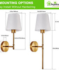 Set Of Two Wireless Wall Sconces With Rechargeable Dimmable Led Bulbs And Remote Control in sleek gold design with white shades.