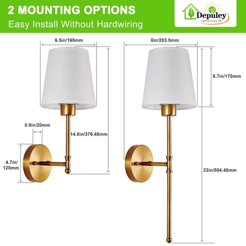 Set Of Two Wireless Wall Sconces With Rechargeable Dimmable Led Bulbs And Remote Control in sleek gold design with white shades.