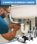 Person using 3Pcs Heavy Duty PVC Pipe Threader Kit for internal external threading on pipes, including 1/2, 3/4, and 1 inch.