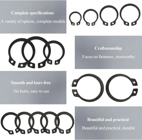 Image of the Grab This Awesome 5 Pcx External Retaining Ring Set For Bearings And Gears Made From Tough 65Mn Spring Steel With Black Plating To Hold Strong In High Heat And Heavy Duty Machinery Jobs For Your Toolbox Now showing various sizes of black snap rings.