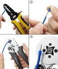 Using 1000 Pcs Insulated Copper Wire Ferrules And Crimp Connectors For 18 AWG 1.0mm2 Cables with crimping tool in four steps.