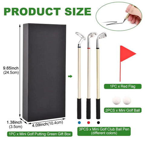 Awesome Golf Pen Set With Mini Desktop Putting Green And Ball Pens, includes box, flag, mini balls, and pens