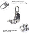 Set Of 10 M20 Single Pulley Blocks 304 Stainless Steel Hanging Wire Pulley Rollers in a diagram showing 360-degree swivel benefits