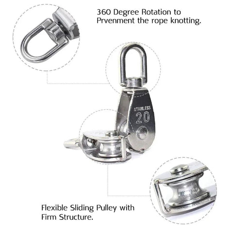 Set Of 10 M20 Single Pulley Blocks 304 Stainless Steel Hanging Wire Pulley Rollers in a diagram showing 360-degree swivel benefits