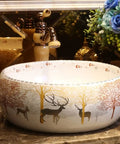 USZWBY Vessel Sinks Bathroom Vessel Sink Nordic Round Ceramic Washbasin Forest Art Countertop Basin Utensils with Faucet Bathroom Bowl Sink featuring deer and tree design.