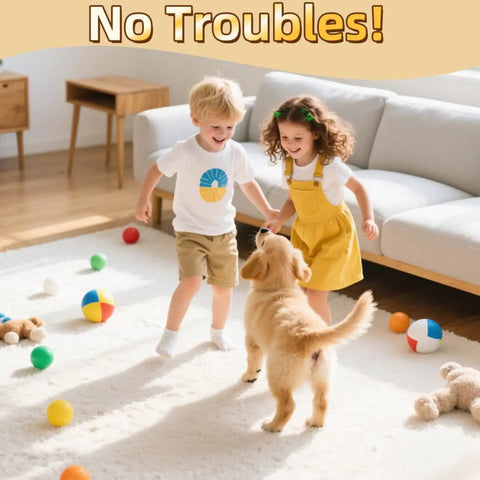 Children and a puppy playing on a rug with Non Slip Rug Grippers With Strong Adhesive Double Sided Tape For Area Rugs Keeps Corners Flat, Stops Sliding On Hardwood Or Tile Floors, Removable, Reusable, And Washable, 10 Pack.