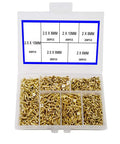 Gold Finish 1200Pcs Tiny Phillips Flat Head Self Tapping Screws Set in open classification box showing six sizes for DIY woodworking.