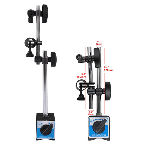 Qnkaa magnetic base dial indicator holder with long adjustable arm; two views show chrome rod and black clamps.