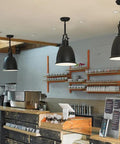 Hobson Glass Pendant Light In Satin Nickel, 1 Light, 8 Inch Glass Shade With 12 Inch Drop in modern café setting.