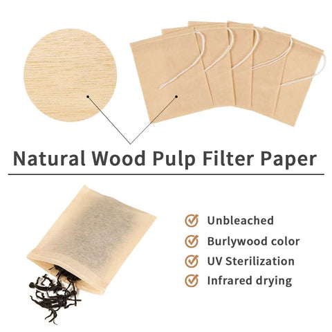 400 Count Disposable Tea Filter Bags With Drawstring For Loose Leaf Tea Unbleached Natural Paper 7 By 9 Cm Your Go To Tea Infusers For Travel Mugs And Quick Brew showing unbleached, burlywood color paper.