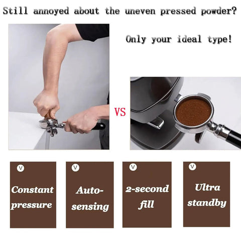 No Sweat Automatic Electric Coffee Tamper With Self Cleaning Stand showing manual tamping vs automatic tamping with portafilter and grounds.