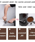 Commercial Electric Espresso Tamper Auto Fill For 58mm Portafilter With Adjustable Pressure Control Up To 66 Lbs height adjustable stand in use.