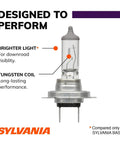 Close-up of H7 XtraVision High Performance Halogen Headlight Bulb showing tungsten coil and labels for brighter light, designed to perform.