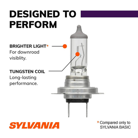 Close-up of H7 XtraVision High Performance Halogen Headlight Bulb showing tungsten coil and labels for brighter light, designed to perform.