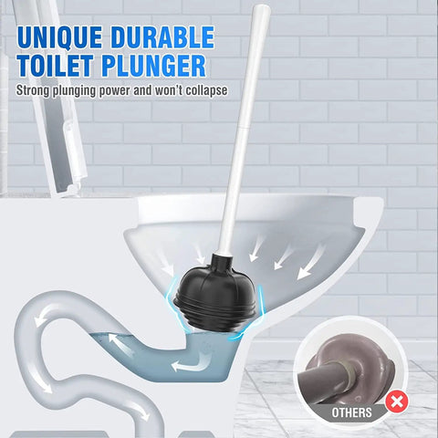 Beast Mode All Angle Heavy Duty Toilet Plunger With Holder Fits 3.5 To 6 Inch Drains, demonstrating unclogging action in a toilet