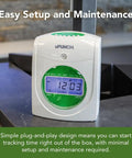 Small Business Starter Time Clock Bundle with Employee Punch Clock System Loaded with One Hundred Time Cards Secure Rack and Premium Ribbon for Legit Accurate Payroll Tracking No Sweat Setup and Straight Up Reliable Performance showing an auto align punch clock on a desk.