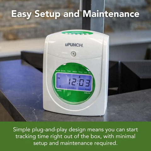 Small Business Starter Time Clock Bundle with Employee Punch Clock System Loaded with One Hundred Time Cards Secure Rack and Premium Ribbon for Legit Accurate Payroll Tracking No Sweat Setup and Straight Up Reliable Performance showing an auto align punch clock on a desk.