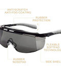 OTG Safety Goggles For Glasses Wearers With Smoke Tint Anti Fog Lenses UV400 Protection Impact Resistant Design Integrated Side Shields Lab Grade ANSI Z87.1 Plus Goggles with anti-scratch coating and rubber nosepad.