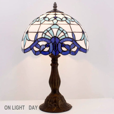 Navy Blue Baroque Tiffany Style Table Lamp With Stained Glass Finish For Desk Bedside Reading Light 12 By 12 By 18 Inches Decor