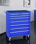 Tough As Nails Blue Steel Seven Drawer Rolling Tool Chest With Dead Secure Lockable Drawers and maneuverable wheels in garage.