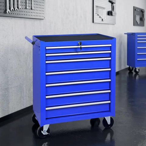 Tough As Nails Blue Steel Seven Drawer Rolling Tool Chest With Dead Secure Lockable Drawers and maneuverable wheels in garage.