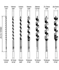 Heavy Duty 7 Piece Auger Drill Bit Set Featuring 9 Inch Hardened Alloy Steel Construction, sizes 6mm to 24.7mm for precision boring.