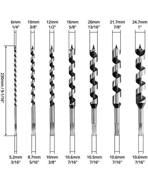 Heavy Duty 7 Piece Auger Drill Bit Set Featuring 9 Inch Hardened Alloy Steel Construction, sizes 6mm to 24.7mm for precision boring.