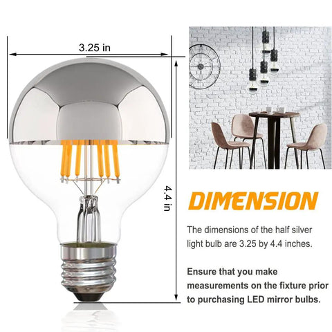 Dope Half Chrome Dimmable LED Edison Bulb 6W Equivalent 60W G80 G25 Globe Shape 2700K Warm White Anti Glare Silver Tipped Mirror Finish E26 Base dimensions 3.25x4.4 inches.