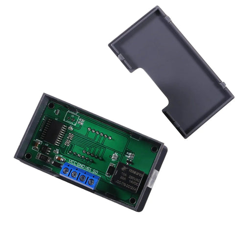 Dual Pack 12V DC Timer Delay Relay Module With 20A Capacity Programmable LED Digital Cycle Timer Plug And Play On Off Control 0ms To 999 Hours Easy Setup For Home Automation And Electronics, open black case with PCB and screw terminals