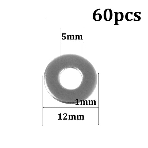 Front view of Runseaway M5 stainless steel flat washer, 5mm ID, 12mm OD, 1mm thick, 60pcs
