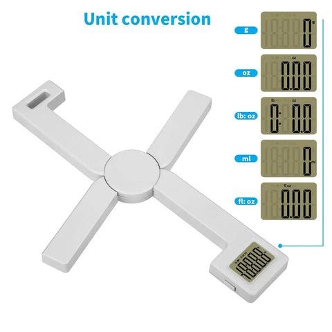 Portable folding food scale displaying unit conversion options in grams, ounces, pounds, milliliters, and fluid ounces with LCD.