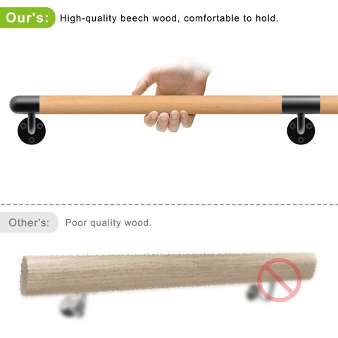 Rock Solid 80 Inch Real Wood Indoor Stairs Handrail Wall Mount Safety Rail With Heavy Duty Metal Brackets showcasing a beech wood grip.