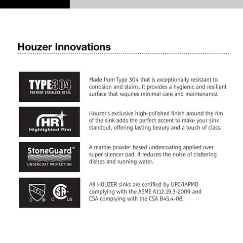 Houzer sink innovations description featuring Type 304 stainless steel, highlighted rim, StoneGuard undercoating, and certifications.