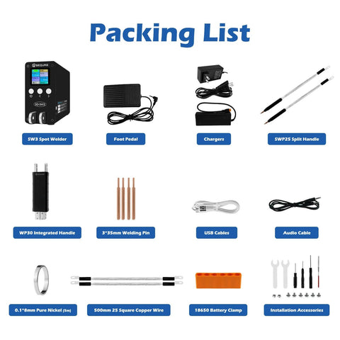Packing list for 2500A Spot Welder For 18650 And 21700 Battery Packs with various components and accessories displayed.