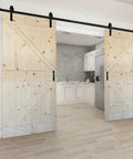 Unfinished Solid Wood Double Sliding Barn Door Kit With Hardware Set Two Panels Measuring 76 Inches High By 84 Inches Wide DIY Ready