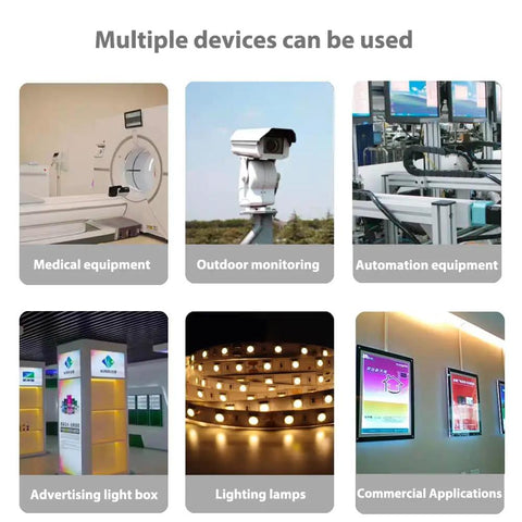 Collage of device uses: medical equipment, outdoor monitoring, automation, advertising light box, lighting lamps, commercial applications