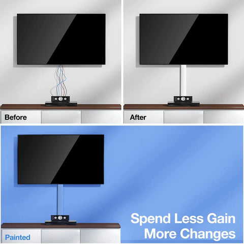 Side-by-side view of TV with visible wires and TV with 62.8 Inch Cable Hider Kit For Wall Mount TV Cables, blue and white walls.