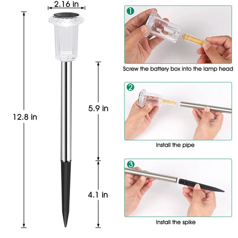 10 Pack Solar Powered Path Lights Waterproof Stainless Steel Stake Lights instructions with dimensions and parts