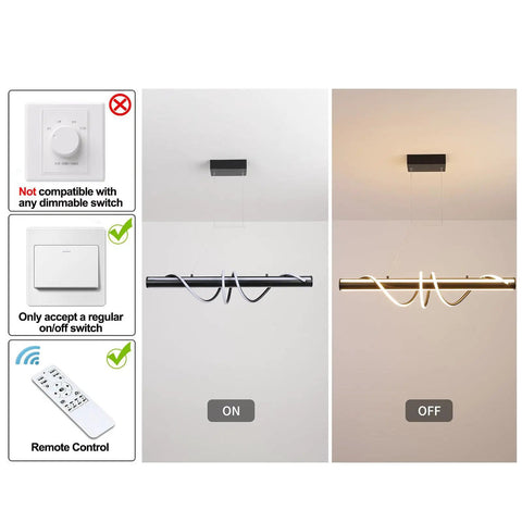 Modern Black Wave Linear Pendant Light With Remote Dimmable 55W LED Chandelier on and off states with suitable switches shown