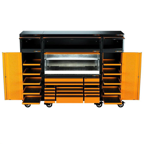 Megamod 1858 Piece Mechanics Tool Set With Premium Modular Foam Trays shown in orange and black tool storage unit