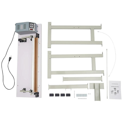 Heavy Duty Foot Pedal Heat Sealer Bag Machine For Industrial Shop With 850W Power And Quick Timer Control Grippy Base Pads Easy To Use components laid out including the sealing bar and assembly parts.