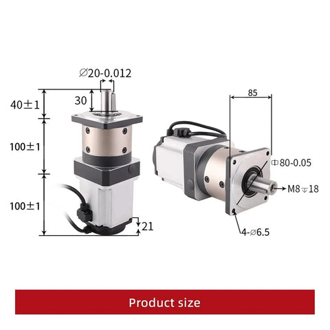 Product size diagram of Beefy 750W AC Servo Motor With 50 To 1 Planetary Gearbox For High Precision Sewing Machines And CNC Projects 2.39 Nm Torque 5.0 A Drive 80SS75 HG10 1 Reducer