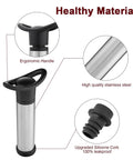 Wine Saver Vacuum Pump Kit With Four Silicone Stoppers keeps opened wine fresh, shown with ergonomic handle and stainless steel body.